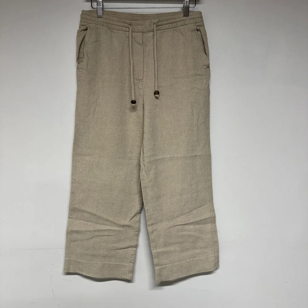Zara Wide Leg Pants Womens M Beige Cotton Linen Cropped Elastic Waist Boho